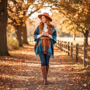 SONOMA Plaid Ruana Poncho Cape Wrap Teal Rust Gold Fringe OS Fall Plaid Layering